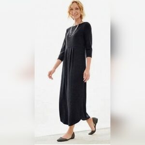 J.jill Charcoal Grey Pleated Crewneck 3/4 Sleeve Minimalist Wool Maxi Dress Larg